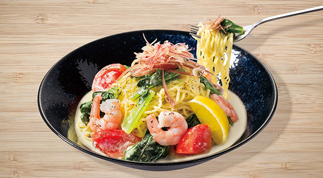 海老とトマトの冷製レモンクリームパスタ